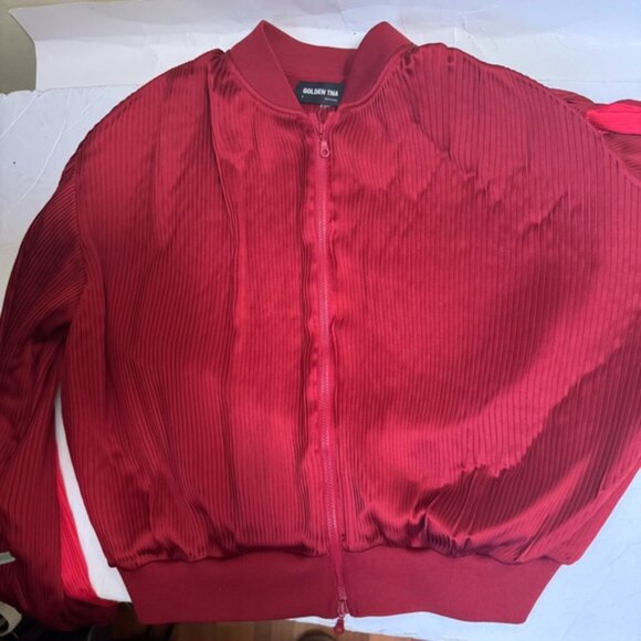 Aritzia Golden TNA NEW Bailer Pleated Oversize Balloon Track Bomber Jacket Satin - Picture 6 of 16